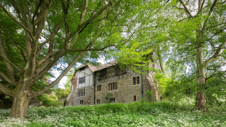 Looking up at the house from the meadow at Stoneacre, Kent. Grass and wildflowers cover the meadow in abundance during the summer months, with the cow parsley growing up to waist height.